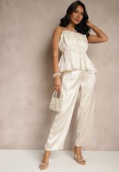 Jasnobeżowe Eleganckie Spodnie o Szerokim Kroju z Satynowym Połyskiem Lionea. Brązowe spodnie materiałowe damskie Renee, bez wzorów, z jeansu. Za 69.99 zł.