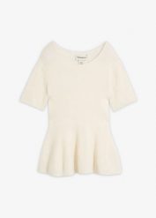 Wełniany sweter z baskinką, z miękkiej mieszanki wełny. Białe swetry klasyczne damskie bonprix, z materiału, bez kołnierzyka. Za 199.99 zł.