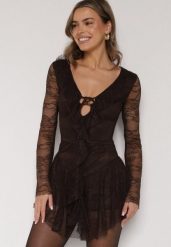 Brązowa Koronkowa Sukienka Wieczorowa z Wiązaniem przy Dekolcie Ferolena. Brązowe sukienki damskie Born2be, bez wzorów, z koronki, eleganckie, bez ramiączek. Za 169.99 zł.
