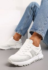 Białe Sneakersy Ozdobione Cyrkoniami na Podeszwie z Wycięciami Larzive. Białe obuwie sportowe damskie Renee, bez zapięcia. Za 89.99 zł.