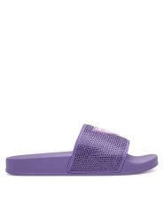 Guess Klapki E4GZ25 BB00F Fioletowy. Fioletowe klapki damskie Guess, z aplikacjami, z tworzywa sztucznego, bez obcasa, bez zapięcia. Za 129.99 zł.
