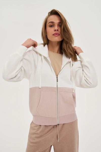 Bluza zapinana na zamek beżowa. Brązowe bluzy damskie MOODO, l, bez wzorów, z bawełny, bez kaptura. Za 149.99 zł.