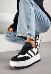 Czarno-Białe Sneakersy na Grubej Podeszwie Ozdobione Tłoczeniem i Paskami Fonrith. Czarne obuwie sportowe damskie Born2be, z jeansu, bez zapięcia. Za 99.99 zł.