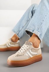 Beżowe Wężowe Sneakersy w Stylu Klasycznych Tenisówek na Grubej Podeszwie Grelritia. Brązowe obuwie sportowe damskie Born2be, z materiału, bez zapięcia, tenisowe. Za 89.99 zł.