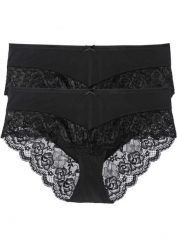 Figi panty (2 pary). Czarne figi bonprix, bez wzorów, z koronki. Za 67.99 zł.