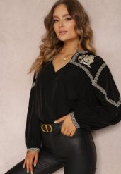 Czarna Bluzka z Bufiastym Rękawem i Kwiatowym Haftem Oluze. Czarne bluzki damskie Renee, l, bez wzorów, z jeansu, eleganckie, bez kołnierzyka, bez ramiączek. Za 129.99 zł.