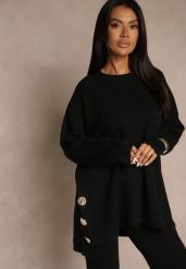 Czarny Sweter z Wiskozą i Guzikami po Bokach Violsave. Czarne swetry klasyczne damskie Renee, l, z jeansu, bez kołnierzyka. Za 129.99 zł.