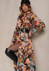 Granatowo-Pomarańczowa Wiskozowa Sukienka Koszulowa w Kwiaty z Guzikami przy Rękawach Enayira. Niebieskie sukienki damskie Renee, bez wzorów, z wiskozy, eleganckie, bez ramiączek. Za 89.99 zł.