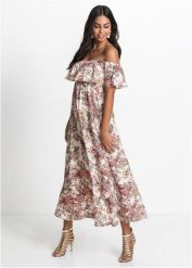 Sukienka z dekoltem carmen, z lejącej wiskozy. Brązowe sukienki damskie bonprix, bez wzorów, z wiskozy, bez ramiączek. Za 219.99 zł.