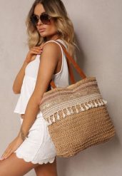 Brązowa Jednokomorowa Duża Torebka w Stylu Boho Ozdobiona Frędzlami Rivanete. Brązowe torebki klasyczne damskie Renee, duże, bez dodatków. Za 49.99 zł.