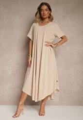 Beżowa Sukienka z Bawełną o Rozkloszowanym Kroju Lilzedi. Brązowe sukienki damskie Renee, bez wzorów, z bawełny, eleganckie, bez ramiączek. W wyprzedaży za 63.99 zł.