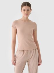 4F T-shirt slim gładki damski - beżowy XL. Brązowe t-shirty damskie 4F, xl, bez wzorów, z bawełny, bez kołnierzyka. W wyprzedaży za 29.99 zł.