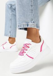 Biało-Różowe Sneakersy na Grubej Podeszwie z Ozdobnymi Sznurówkami Amarionna. Białe obuwie sportowe damskie Born2be, bez zapięcia. Za 109.99 zł.