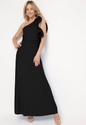Czarna Asymetryczna Sukienka o Rozkloszowanym Fasonie z Ozdobnymi Falbankami przy Ramionach Virama. Czarne sukienki damskie Born2be, bez wzorów, eleganckie, bez ramiączek. W wyprzedaży za 144.49 zł.