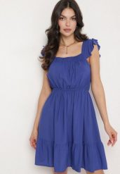Granatowa Sukienka z Wiskozą o Rozkloszowanym Kroju z Gumką w Pasie Lirimere. Niebieskie sukienki damskie Born2be, bez wzorów, z wiskozy, eleganckie, bez ramiączek. Za 39.99 zł.