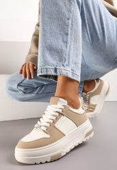 Ciemnobeżowe Sneakersy z Ekoskóry na Grubej Podeszwie z Ozdobnymi Wstawkami Sarnei. Brązowe obuwie sportowe damskie Renee, z materiału, bez zapięcia. Za 89.99 zł.