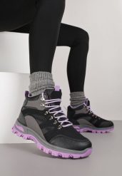 Czarno-Fioletowe Buty Trekkingowe Trapery Vices Ozdobione Przeszyciami Narrive. Czarne obuwie trekkingowe damskie Born2be, z dresówki, przed kolano, bez zapięcia. Za 89.99 zł.