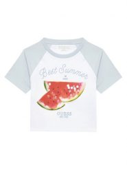 Guess T-Shirt J5GI06 K8HM4 Biały Boxy Fit. Białe koszulki i t-shirty dziewczęce Guess, z aplikacjami, z bawełny, bez kołnierzyka, bez ramiączek. Za 79.99 zł.