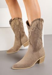 Ciemnobeżowe Ażurowe Botki na Obcasie w Stylu Kowbojek Felorwen. Brązowe botki damskie Born2be, z jeansu, eleganckie, bez obcasa, na obcasie, bez zapięcia. Za 149.99 zł.
