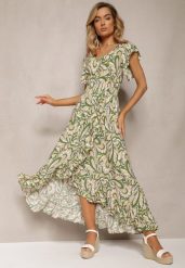 Ciemnozielona Sukienka Boho z Gumką w Pasie i Asymetrycznym Dołem z Wiskozy Anorissa. Zielone sukienki damskie Renee, bez wzorów, z wiskozy, boho, bez ramiączek. W wyprzedaży za 50.99 zł.