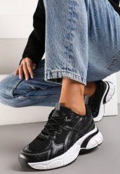 Czarne Sneakersy na Grubej Podeszwie z Siateczkową Cholewką i Sznurowaniem Ravare. Czarne obuwie sportowe damskie Renee, bez zapięcia. Za 89.99 zł.