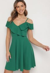 Zielona Sukienka Rozkloszowana na Ramiączkach z Falbankami Polauri. Zielone sukienki damskie Born2be, bez wzorów, eleganckie, bez ramiączek. Za 119.99 zł.