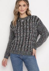 Czarny Sweter w Ozdobny Splot Viosma. Czarne swetry klasyczne damskie Born2be, m, ze splotem, bez kołnierzyka. Za 74.99 zł.