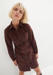Szmizjerka ze sztruksu, z bawełny ze stretchem. Brązowe sukienki damskie bonprix, bez wzorów, z bawełny, bez ramiączek. Za 154.99 zł.