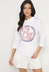 Biała Bluza z Kapturem i Rękawami 3/4 Zdobiona Nadrukiem Saniriora. Białe bluzy damskie Born2be, l, z aplikacjami, z jeansu, z kapturem. Za 84.99 zł.