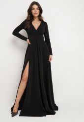 Czarna Rozkloszowana Sukienka z Dekoltem w Serek i Rozcięciem Zdobiona Metaliczną Nicią Emilandra. Czarne sukienki damskie Born2be, z aplikacjami, z materiału, eleganckie, bez ramiączek. W wyprzedaży za 178.49 zł.