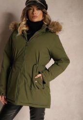 Ciemnozielona Kurtka w Stylu Parka ze Ściągaczami w Talii i Odpinanym Kapturem z Futerkiem Fezirra. Zielone kurtki damskie Renee, l, z jeansu. Za 289.99 zł.
