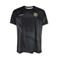 Barça 2025-26 treningowa koszulka - czarno-złota. Czarne bluzki damskie FC BARCELONA, bez wzorów, sportowe, bez kołnierzyka, bez ramiączek. Za 173.67 zł.