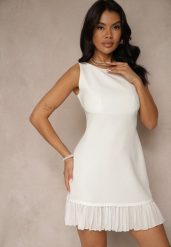 Biała Taliowana Sukienka w Eleganckim Stylu Velzedia. Białe sukienki damskie Renee, bez wzorów, z materiału, eleganckie, bez ramiączek. W wyprzedaży za 50.99 zł.