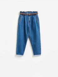 Jeansy paperbag z paskiem - granatowy. Niebieskie jeansy damskie Reserved. Za 139.99 zł.