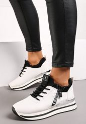 Biało-Czarne Sneakersy z Ozdobnym Suwakiem na Grubej Podeszwie Leavona. Białe obuwie sportowe damskie Born2be, z materiału, bez zapięcia. Za 84.99 zł.