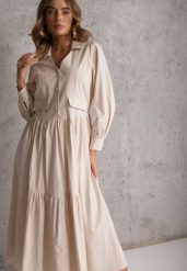 Beżowa Rozkloszowana Sukienka Koszulowa z Bawełny i Wiskozy Zdobiona Klapami Gleta. Brązowe sukienki damskie Renee, z aplikacjami, z bawełny, eleganckie, bez ramiączek. Za 129.99 zł.