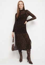 Brązowa Dopasowana Sukienka Koktajlowa z Wiskozą z Welurowym Wzorem Kwiatów Alerre. Brązowe sukienki damskie Born2be, bez wzorów, z weluru, wizytowe, bez ramiączek. Za 149.99 zł.