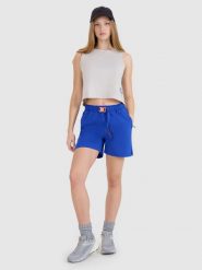 4F Spodenki casual damskie - niebieskie XL. Niebieskie szorty damskie 4F, bez wzorów, z dresówki. W wyprzedaży za 79.99 zł.