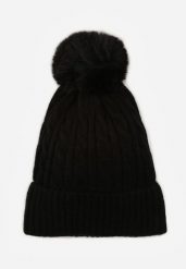 Czarna Czapka w Warkoczowy Splot z Pomponem Vetisare. Czarne czapki damskie Born2be, bez wzorów, z dzianiny. Za 34.99 zł.