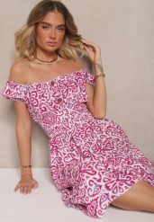 Różowa Sukienka Bawełniana z Gumką w Talii i Ornamentalnym Printem Natilessae. Czerwone sukienki damskie Renee, z aplikacjami, z bawełny, eleganckie, bez ramiączek. W wyprzedaży za 39.99 zł.