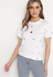 Biały T-shirt Ozdobiony Kolorowymi Cyrkoniami Wiadea. Białe t-shirty damskie Born2be, l, bez wzorów, bez kołnierzyka. Za 39.99 zł.