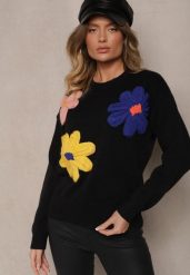 Czarny Sweter z Dodatkiem Wiskozy Ozdobiony Kwiatami 3D Nanivia. Czarne swetry klasyczne damskie Renee, z jeansu, bez kołnierzyka. Za 69.99 zł.