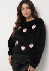 Czarny Puchaty Sweter z Wełną i Aplikacjami Truskawek 3D Leraisa. Czarne swetry klasyczne damskie Born2be, na jesień, z jeansu, bez kołnierzyka. Za 99.99 zł.