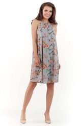 Szara Zwiewna Sukienka Mini w Kwiatowy Wzór z Wiązanym Dekoltem. Szare sukienki damskie Lou-Lou, bez wzorów, z elastanu, bez ramiączek. Za 149.90 zł.