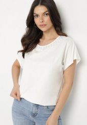 Biały Bawełniany T-shirt Nietoperz z Perłami i Koronką Eleziria. Białe t-shirty damskie Born2be, l, bez wzorów, z bawełny, bez kołnierzyka. Za 34.99 zł.