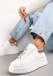 Biało-Złote Sneakersy na Grubej Podeszwie Celessi. Białe obuwie sportowe damskie Renee, z jeansu, bez zapięcia. Za 69.99 zł.