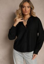 Czarna Koszula o Kroju Oversize z Podpinanymi Rękawami Jenitta. Czarne koszule damskie Renee, m, bez wzorów, z jeansu, eleganckie, bez kołnierzyka, bez ramiączek. Za 49.99 zł.