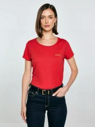 Koszulka damska z brokatowym nadrukiem czerwona Merra 603. Czerwone koszulki damskie Big Star, l, bez wzorów, z dzianiny, bez kołnierzyka, bez ramiączek. Za 89.99 zł.