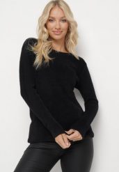 Czarny Sweter z Puchatej Dzianiny Valen. Czarne swetry klasyczne damskie Born2be, na zimę, m, z dzianiny, bez kołnierzyka. Za 84.99 zł.