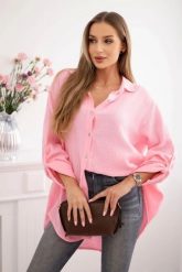 Koszula bawełniana muślinowa Plus Size cukierkowy róż. Czerwone koszule damskie Kesi Włoski, l, bez wzorów, z bawełny, bez kołnierzyka, plus size, bez ramiączek. Za 188.21 zł.